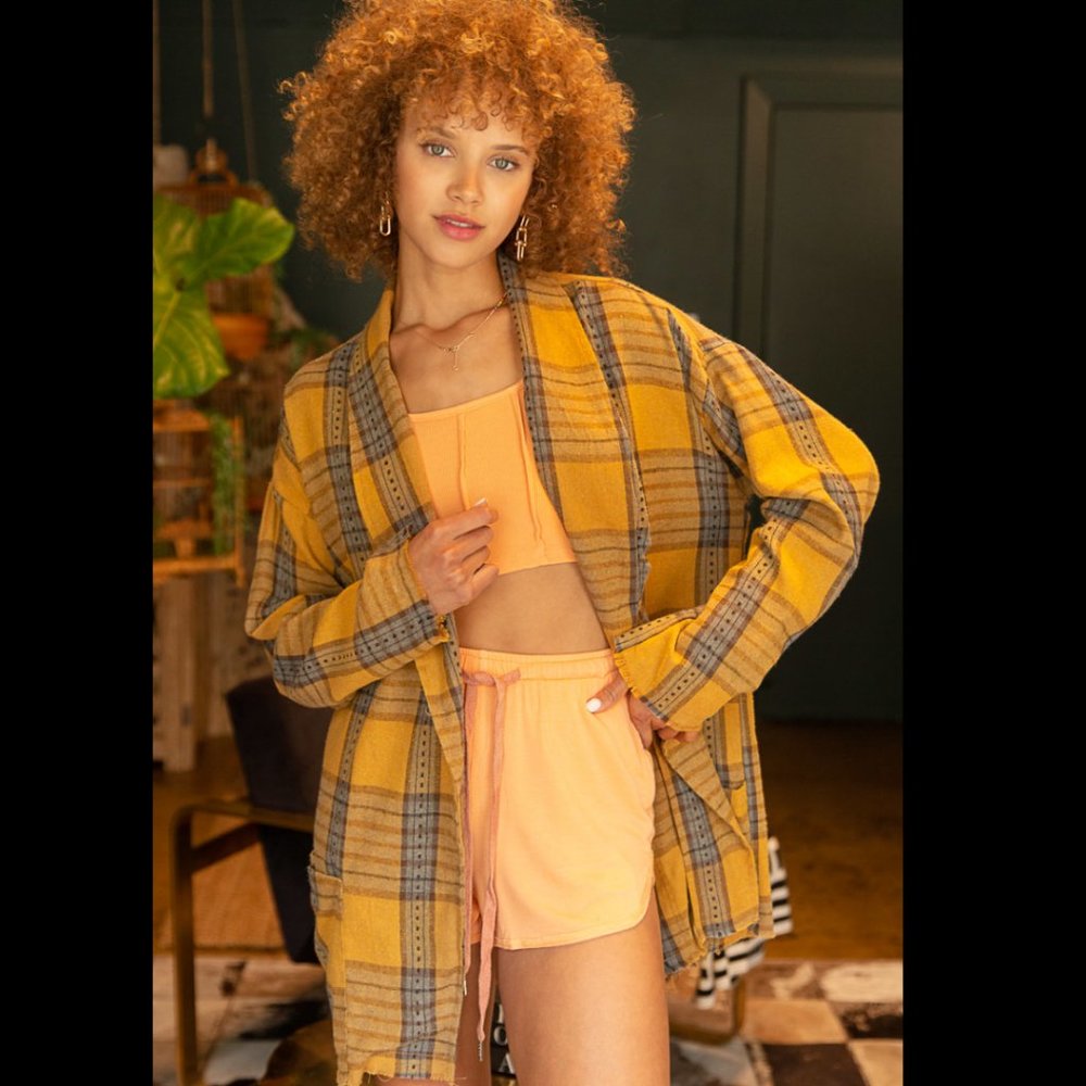 POL Oversized Boho Yellow and Blue Plaid Blazer Jacket